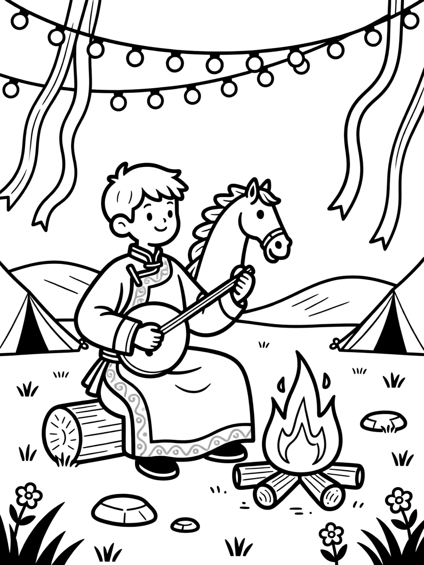 A coloring page of a lively performance in Mongolia featuring a musician playing a horsehead fiddle beside a campfire, decorated with ribbons, streamers, and twinkling string lights overhead.