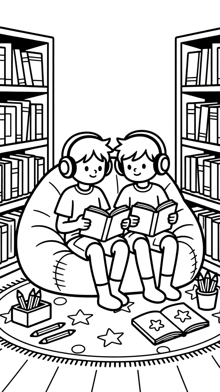 bold twin brothers sit in a library corner with a beanbag chair and listens to an audiobook through big headphones while doodling in the margins.