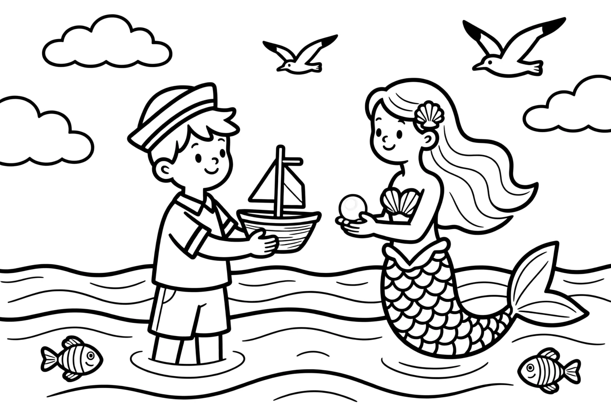 A mermaid and a young sailor exchange gifts at the ocean's surface, she offering a glowing pearl, he offering a carved wooden boat.