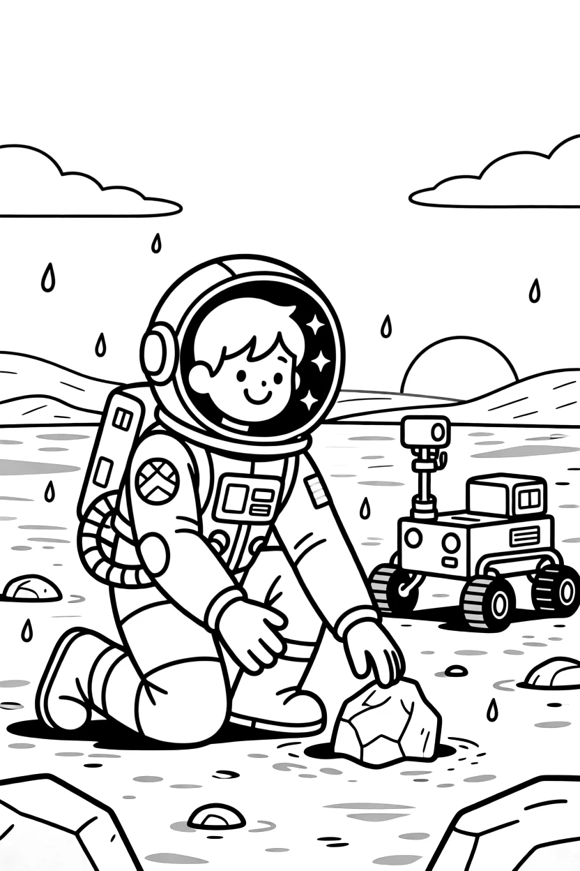 [Astronauts] an astronaut in a bulky spacesuit collecting rock samples on an alien planet on a red dusty planet, smiling proudly, while a rover vehicle sits parked nearby fills the surrounding area. A round helmet reflects the stars above. Set at sunset, with a light drizzle just ending, the page bursts with adventure and imagination.