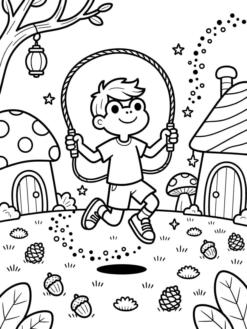 A hopping green frog is jumping rope with ribbons tied to the handles inside a candy-colored fairy village. All around, a trail of glittering fairy dust and a cluster of acorns and pinecones scattered about add to the delightful moment.