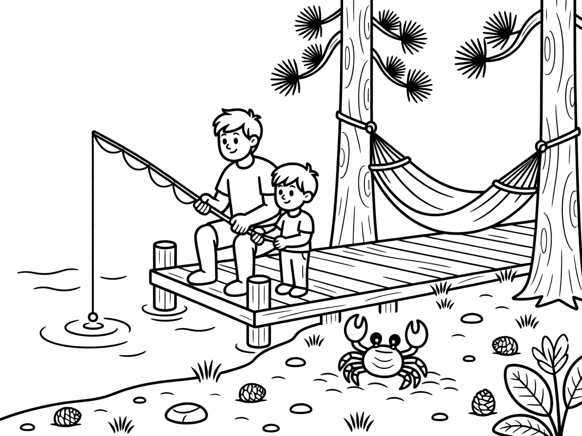 A close-up of a father and child fishing from a dock in a campsite nestled among tall pine trees, surrounded by a friendly crab scuttling in the sand and a hammock strung between two trees.