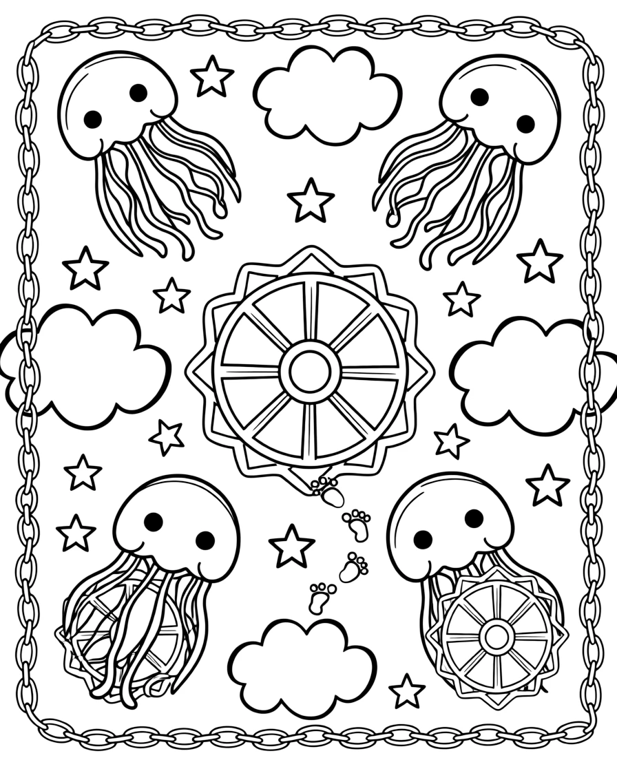 Ocean Creatures: The page centers on a repeating motif of a jellyfish with long trailing tentacles, built around a wheel-spoke mandala radiating from a round hub. The motif is placed at each of the four corners in matching pairs, connected by a looping border pattern around the edge. Decorative details fill the surrounding space, including interlocking circle chains, clusters of small five-point stars, and rounded puffy cloud shapes woven throughout the background. A playful extra touch completes the page: a few tiny footprints trailing off toward one edge of the page.