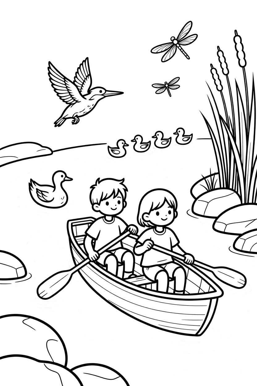 [River Adventures] Two children paddle a small wooden canoe past smooth boulders in a winding river. A kingfisher darts across the river as ducklings paddle in a neat row behind their mother. Reeds and cattails line the bank near a cluster of smooth stones perfect for skipping. Golden afternoon light glows on the water as dragonflies dance above the surface.