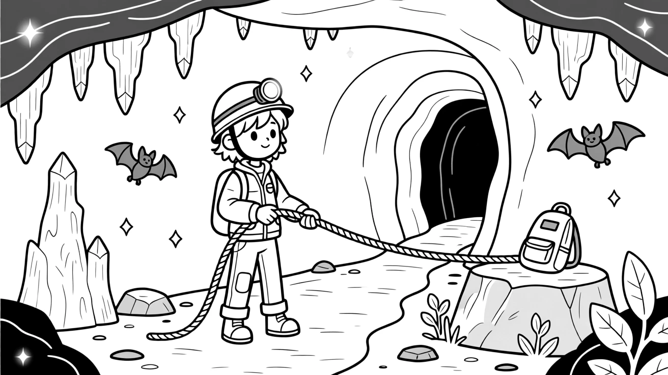 A cave researcher explores a glittering underground cavern with a helmet lamp and rope.