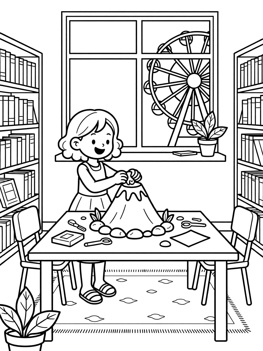 A girl in a sundress building a volcano model at the school library while a ferris wheel spins in the distance.