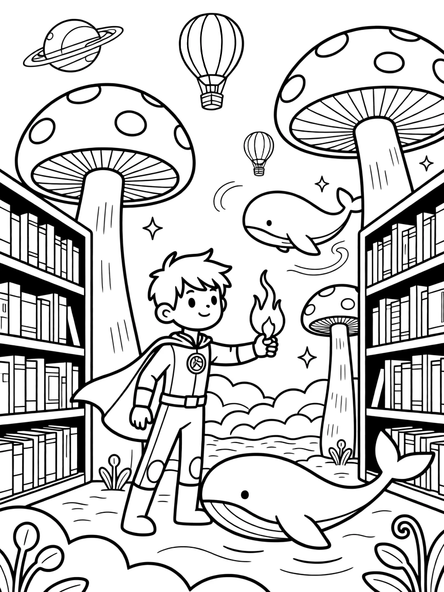 Major Lumen, a daring fire-throwing superhero kid playing hide and seek among giant mushroom towers on an alien world in a floating library filled with holographic books, as colorful hot-air balloons drifting overhead and a family of gentle space whales swimming through the clouds fill the scene.