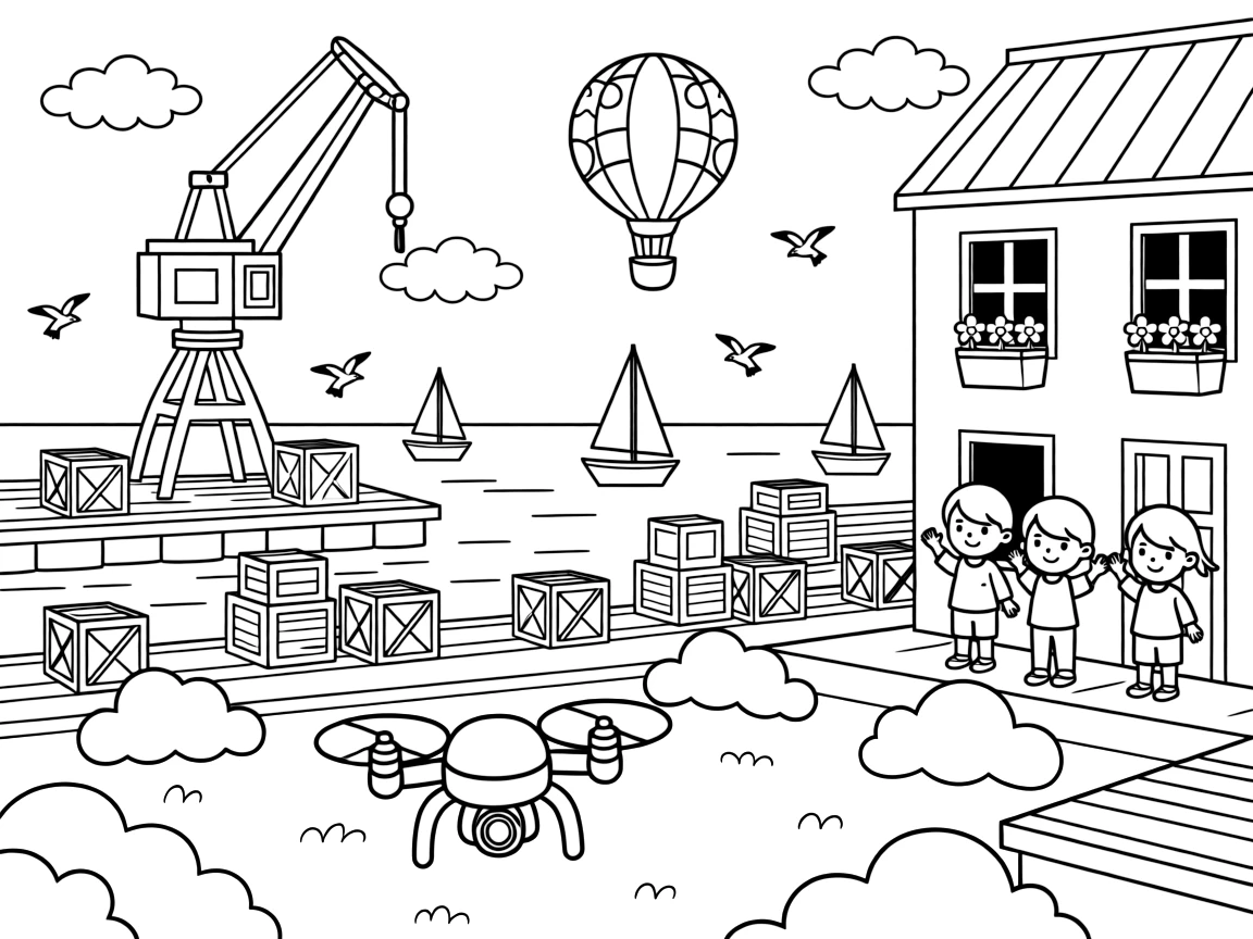 The scene captures a buzzing camera drone hovering over a park in the middle of a busy harbor lined with docks, cranes, and stacked crates, with a group of cheerful kids waving from the windows nearby and a hot air balloon floating in the distance sprinkled around for extra fun.