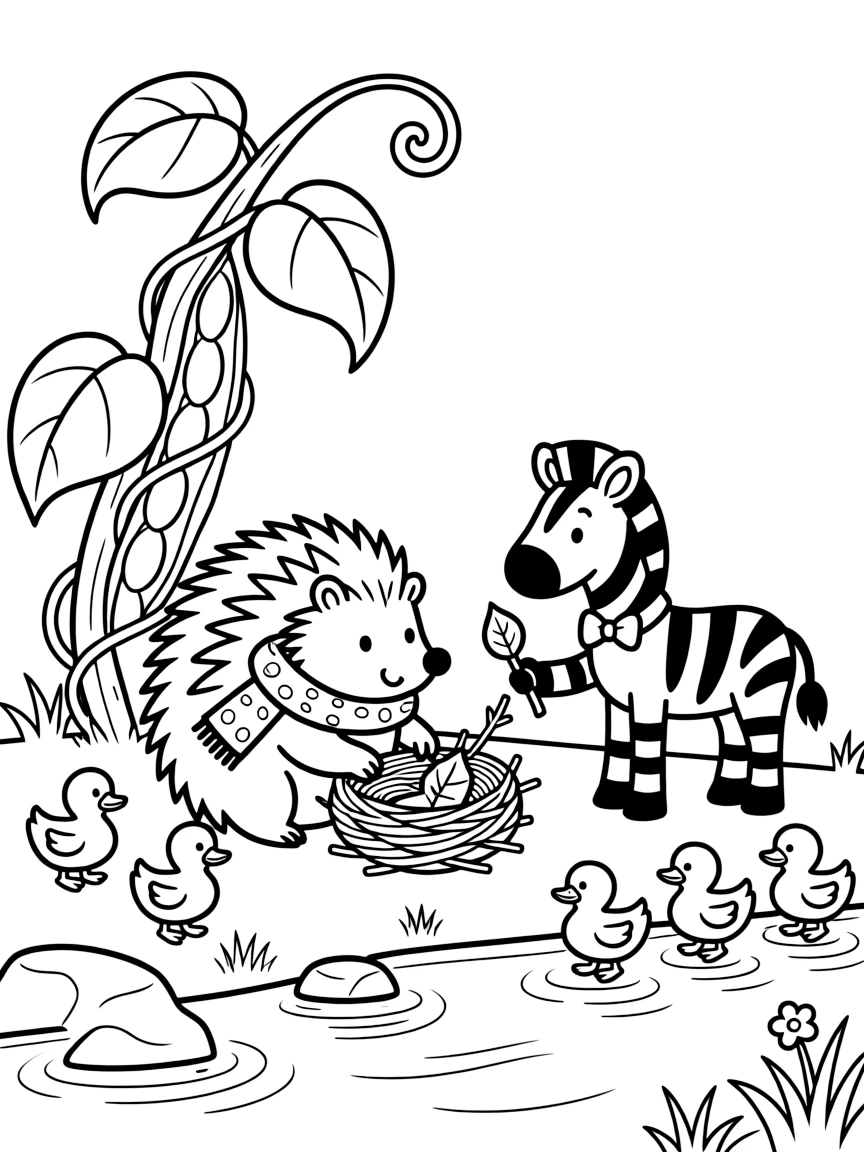 A porcupine on a riverbank at dawn, building a tiny nest together with a zebra foal, next to a giant beanstalk, with a family of ducklings following behind.