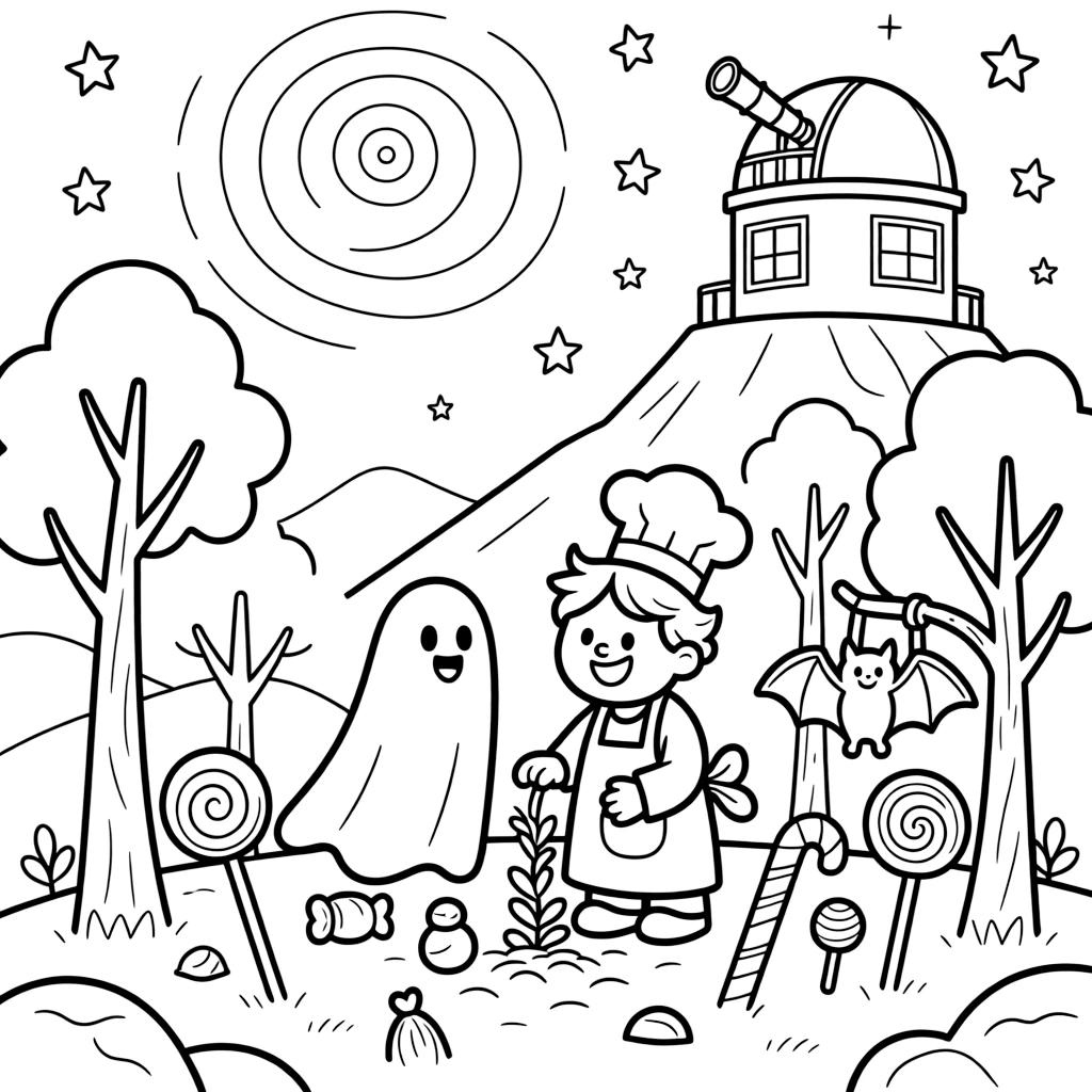 A proud ghost baker takes a break from adventures to try planting seeds that grow into candy trees at a mountaintop observatory under a swirl of stars, with a friendly bat hanging upside down nearby close behind. Warm smiles and happy cheers fill the scene.