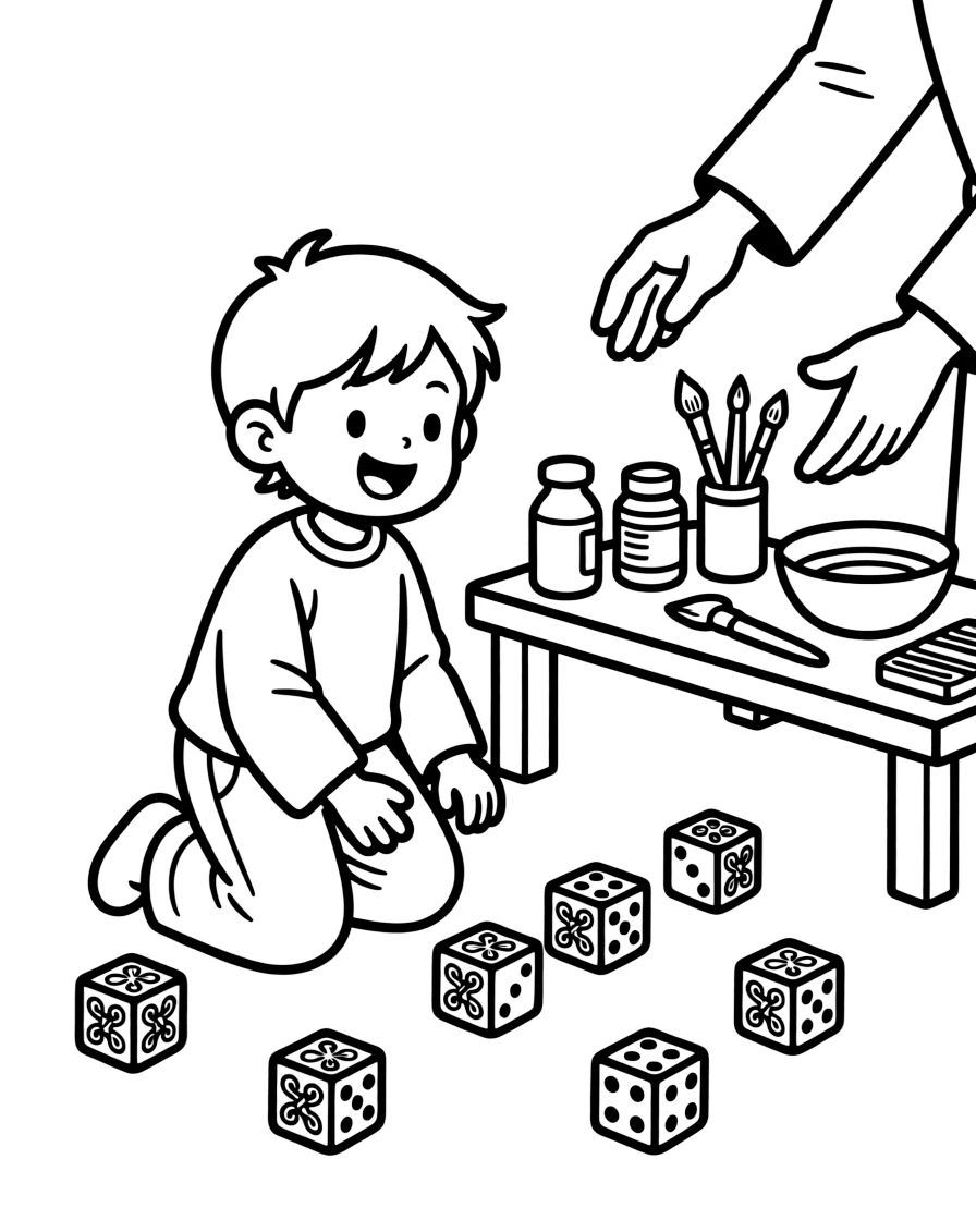 A coloring page of a child practicing traditional ankle-bone shagai games with painted dice in Mongolia, shown step by step with helpful hands and a workshop table full of materials.
