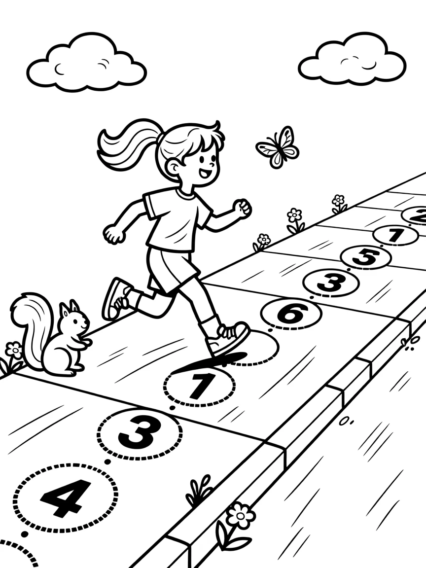 an adventurous young girl draws a giant number line in chalk on the sidewalk and hops along it.