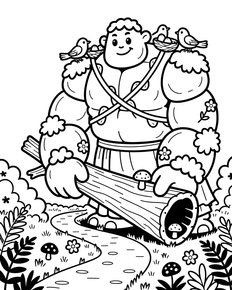 A colossal stone golem covered in moss and flowers gently lifts a fallen tree off a forest path while birds nest in the cracks of its shoulders.