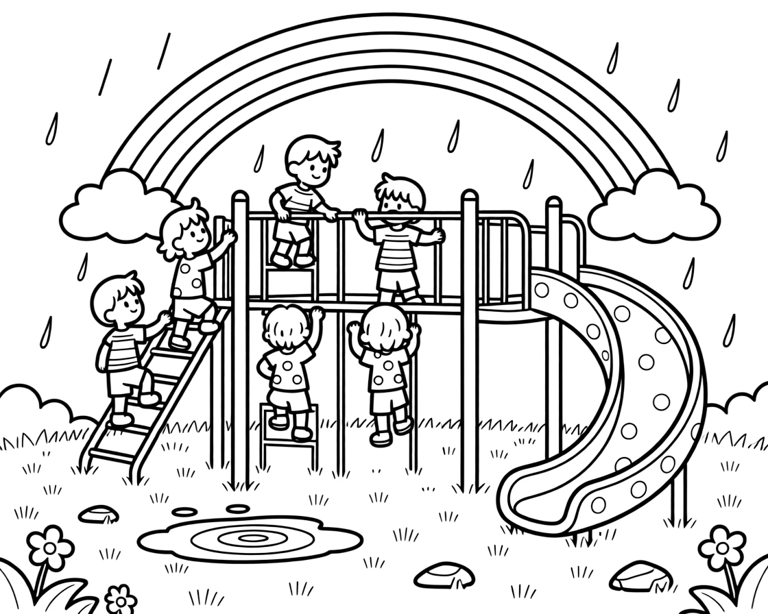 [Playgrounds] kids climbing a jungle gym climbing to the top of a play structure at a colorful neighborhood playground, concentrating hard with a focused expression, while a bright slide curves down to the ground fills the surrounding area. Playful motion adds energy to the scene. Set just after a rainstorm, with a rainbow arching overhead, the page bursts with adventure and imagination.