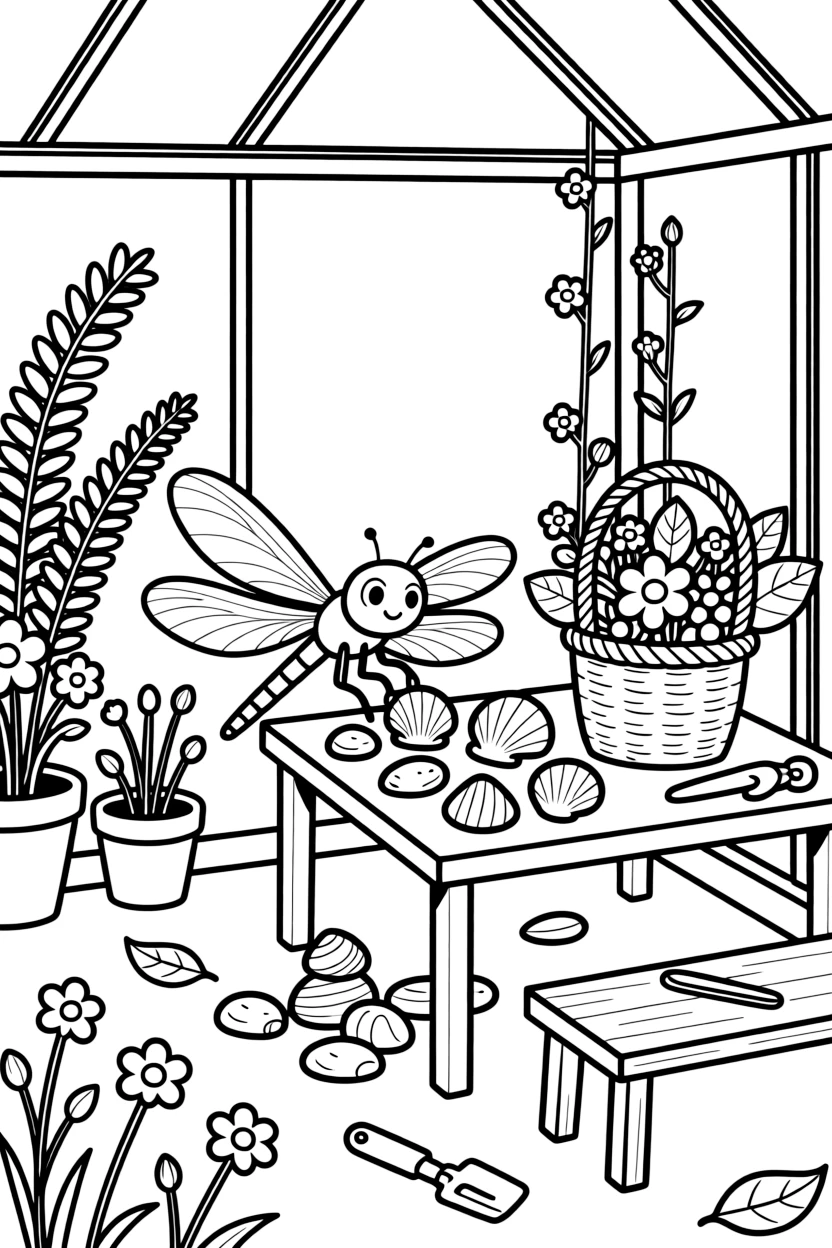 A shimmering dragonfly is sorting seashells and pebbles by size and color inside a greenhouse overflowing with blooming plants. Scattered nearby, wildflowers swaying gently in the wind and a basket brimming with fresh flowers make the scene feel magical.