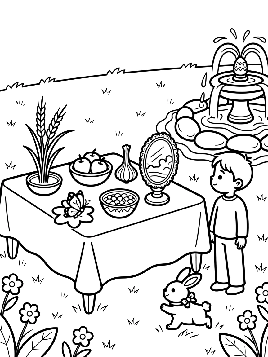A table set with the seven symbolic Haft-Seen items in a green park with a bubbling fountain, while a curious little boy looks on nearby, a butterfly resting on a petal and a hopping bunny with a bow completing the scene.