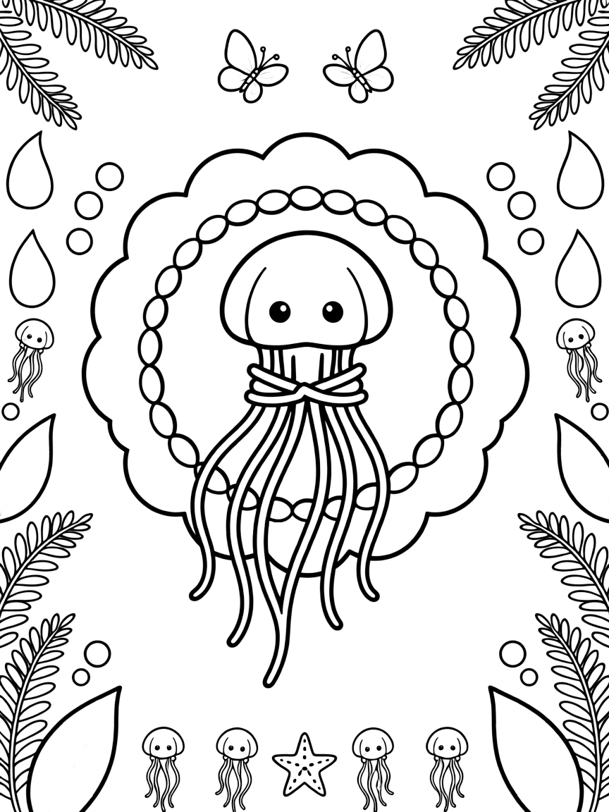 Ocean Creatures: The page presents a small themed scene built around a jellyfish with long trailing tentacles, tied together by a cloud-ring mandala made of puffy overlapping curves. The scene is placed centrally within a scene bordered top and bottom by mirrored rows of smaller matching details. Decorative details fill the surrounding space, including layered leaf clusters, curling paisley teardrops, and curling fern-frond shapes woven throughout the background. A playful extra touch completes the page: a pair of small butterflies fluttering near the top of the page.