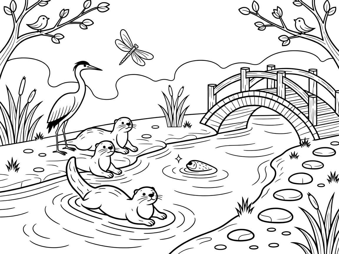 [River Adventures] A group of otters slide playfully down a muddy riverbank into the sparkling water below. Dragonflies hover above the water while a heron wades slowly near the reeds, hunting for fish. A rustic wooden bridge arches over the river, with smooth stepping stones leading across a shallow bend. Soft morning mist rises off the river as the first birds begin to sing.
