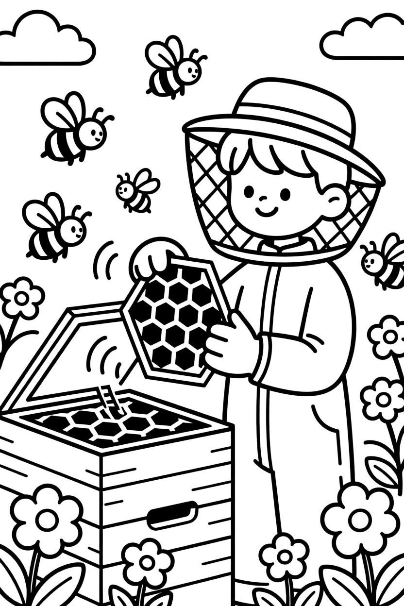 A bee researcher in a protective suit checks honeycomb frames from a buzzing beehive.