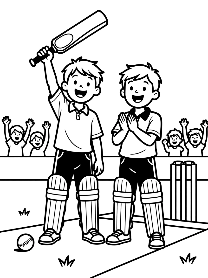 A pair of twin siblings, celebrating a century by raising the bat high above their head to the crowd.