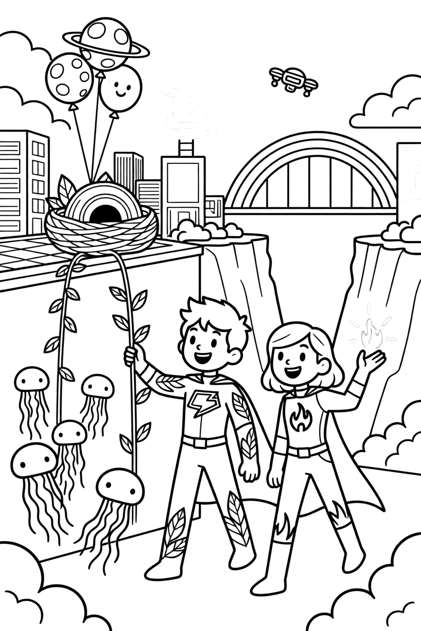 Twin superhero siblings Atlas (plant-controlling) and Vega (fire-powered) herding a flock of floating jellyfish-like creatures back to their nest, in a cheerful cyber city lit up with neon signs and hover-billboards, with a cluster of balloons shaped like planets and a rainbow bridge arching over a canyon nearby.