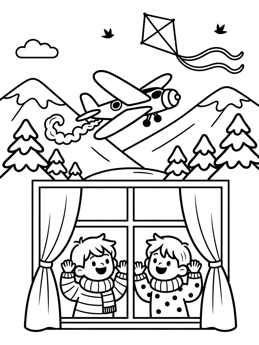 This coloring page shows a stunt plane trailing loops of colored smoke making its way across a snowy mountain pass with pine trees dusted in white, accompanied by twin siblings pressing their faces to the window, while a kite dancing in the breeze above adds extra charm to the scene.