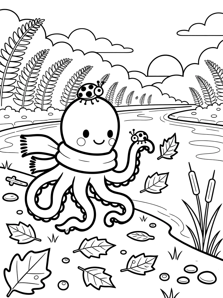 A friendly octopus helping gather fallen leaves with a ladybug on a riverbank at dawn, near a fern-covered forest floor, as dewdrops sparkle on the leaves.