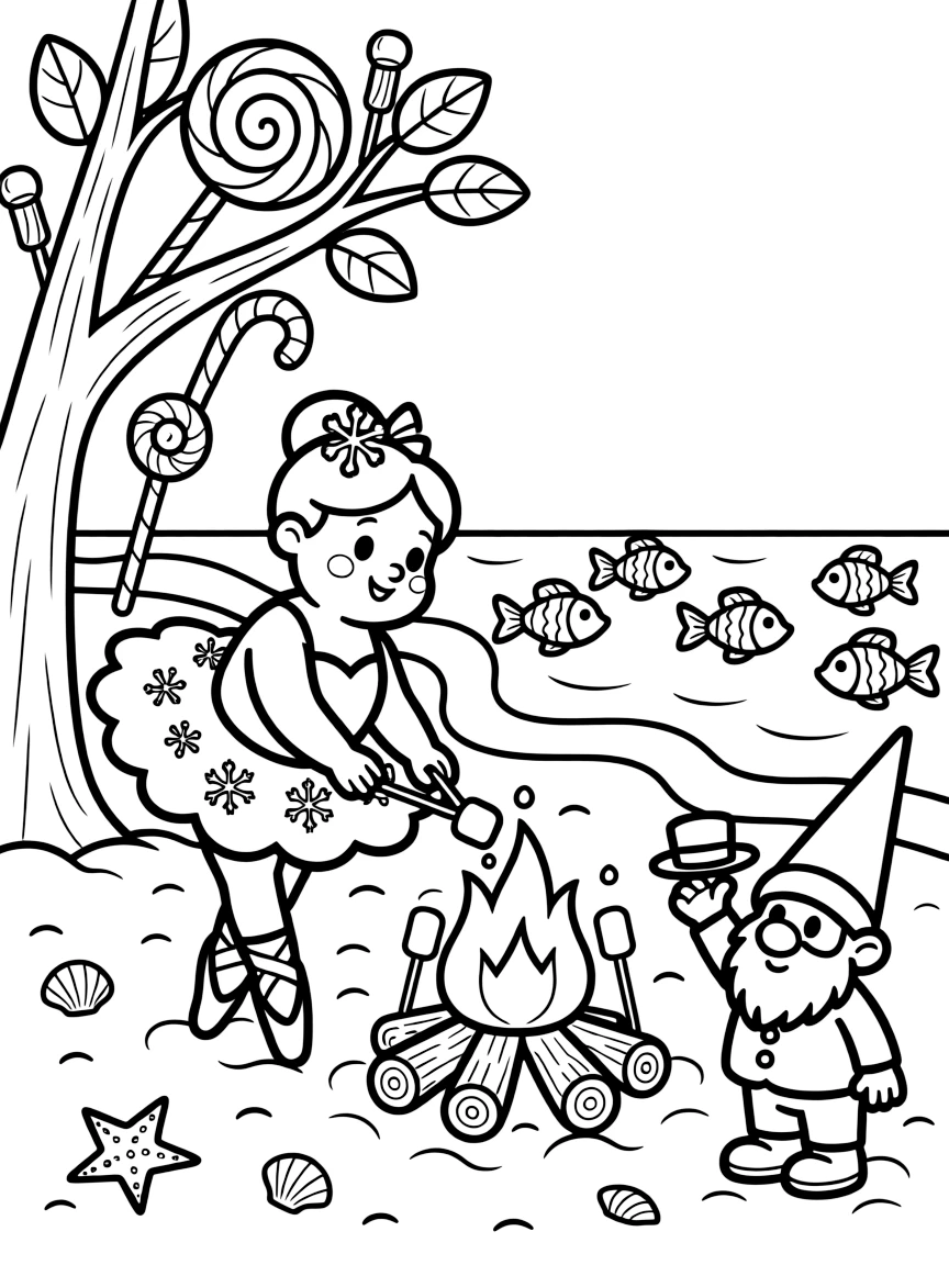 A chubby snowflake ballerina is planting seeds that grow into candy trees at a beach bonfire roasting marshmallows, joined by a school of rainbow fish swimming past and a garden gnome tipping his pointy hat. It's a perfectly wonderful, magical moment.