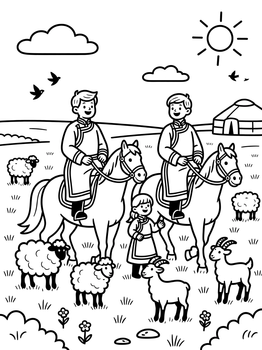 A coloring page of a heartwarming family scene in Mongolia showing a family herding sheep and goats across the open grassland on horseback, with everyone smiling and working together happily.