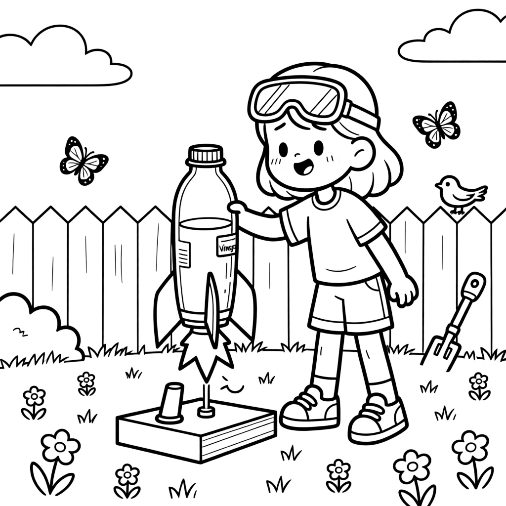 a shy young girl in safety goggles launches a small vinegar-powered rocket from a cardboard launch pad in the yard.
