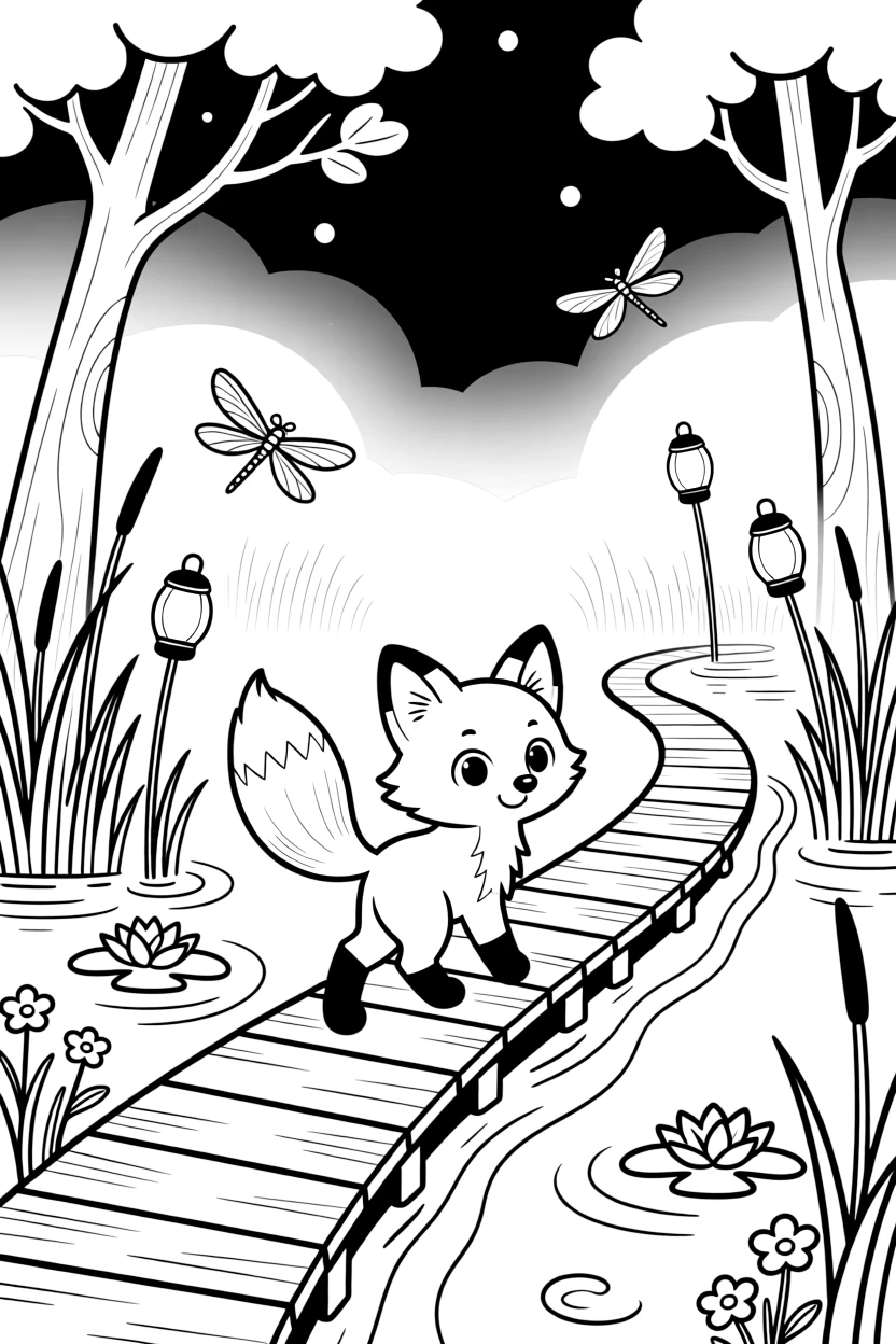A cluster of will-o'-the-wisps leads a lost fox cub safely home through a foggy swamp, their lights bobbing like lanterns.