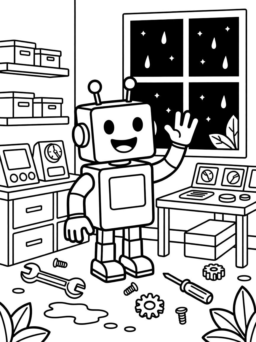 [Robots] a friendly boxy robot waving hello with a mechanical arm in a laboratory filled with gadgets, grinning with excitement. Nearby, tools and spare parts are scattered nearby. Antennae stick up from the top of its head. The scene is captured under a starry night sky, with a light drizzle just ending, giving the page a lively and adventurous feel that invites plenty of colorful detail.