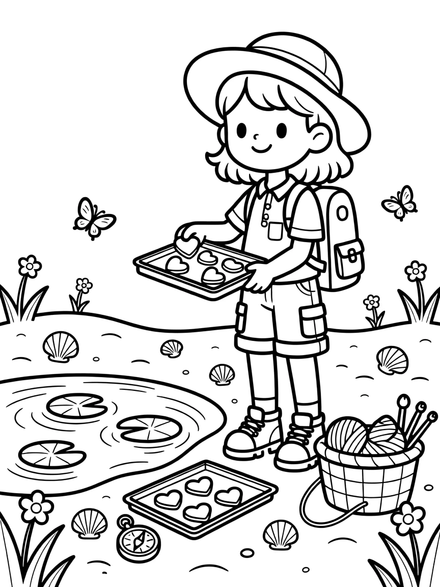 A girl explorer with a backpack and compass is baking a batch of heart-shaped cookies beside a sparkling pond dotted with lily pads. Just beyond, glittering seashells scattered on the sand and a basket of yarn and knitting needles nearby add to the delightful moment.