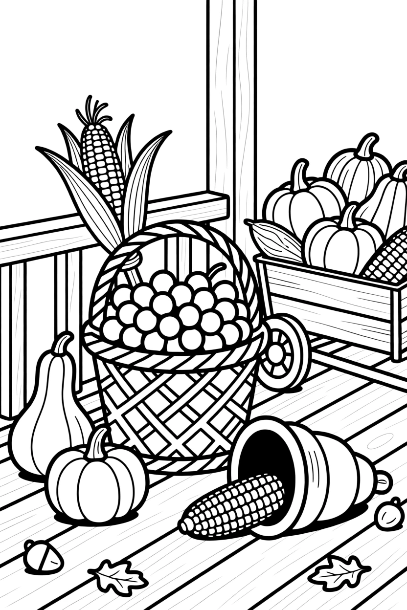 A basket of purple grapes fresh off the vine on a porch decorated with gourds and dried corn husks, with a wagon full of gourds and a cornucopia spilling over with vegetables nearby.