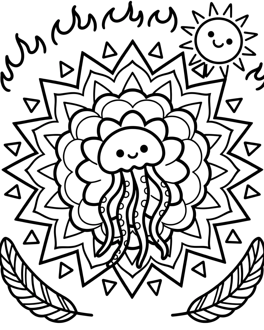 Ocean Creatures: The design turns a jellyfish with long trailing tentacles into a kaleidoscope-style composition anchored by a layered rosette mandala with overlapping round petals. The imagery is broken into repeating fragments that spin outward from the center in a kaleidoscope-style circle of matching wedges. Decorative details fill the surrounding space, including flame-shaped tips curling upward, nested triangle shapes, and fanned feather plumes woven throughout the background. A playful extra touch completes the page: a friendly round sun peeking in from behind the top edge.