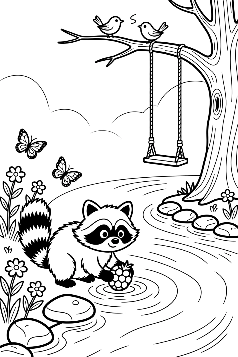 [River Adventures] A curious raccoon washes a shiny berry at the river's edge before scampering back to shore. Butterflies flutter along the bank where wildflowers grow between smooth river stones. A rope swing hangs from an old tree over a wide, calm bend in the river. Soft morning mist rises off the river as the first birds begin to sing.