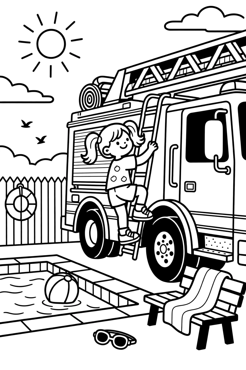 A girl in pigtails climbing on a fire truck at the community pool as the sun sets in orange and pink.