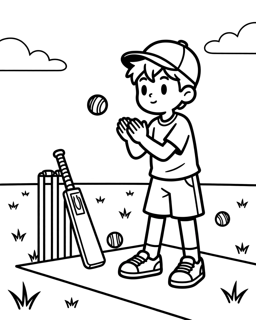 A confident boy wearing a bright cap, fielding close to the pitch, hands cupped and eyes locked on the batter.
