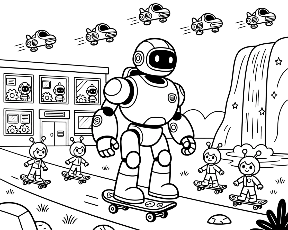 Young pilot Juno riding inside the friendly giant mech Steel Falcon teaching a group of alien children how to skateboard on gravity boards near a robot school with classrooms full of gears and screens, surrounded by a waterfall of sparkling light cascading down a cliff and a fleet of hover-scooters zipping past in the background.