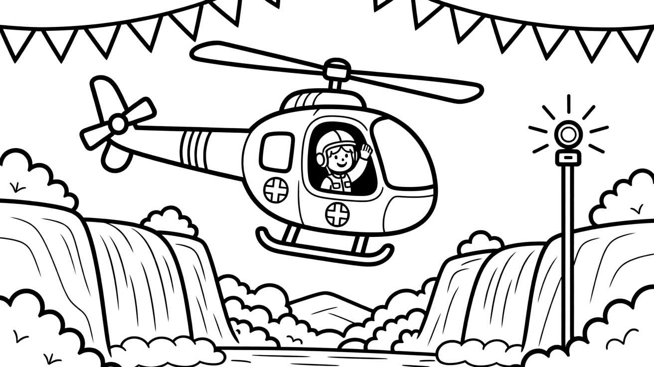 This page centers on a rescue helicopter with spinning rotor blades exploring a national park with towering waterfalls and rocky cliffs, featuring a brave pilot giving a salute from the cockpit and little extras like a string of triangle pennant flags overhead and a signal light blinking cheerfully.