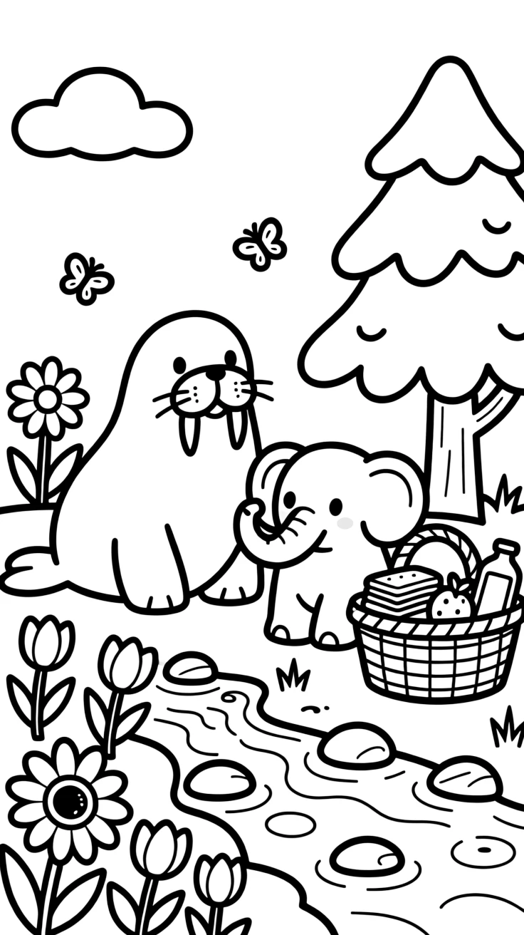 A walrus playing hide and seek among the flowers with a baby elephant beside a bubbling brook, near a snow-covered pine tree, with a picnic basket full of treats nearby.