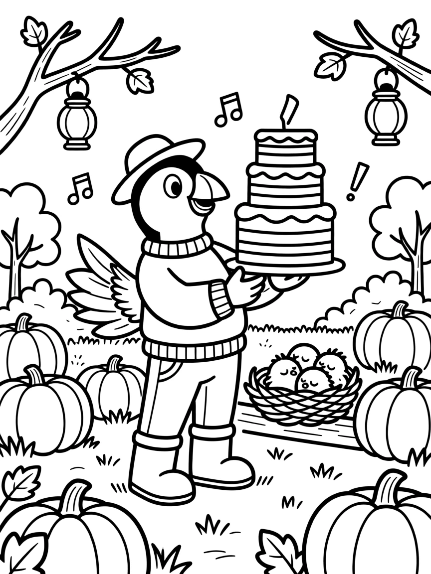 A round puffin fisherman takes a break from adventures to try baking a rainbow layer cake taller than the room in a pumpkin patch glowing with lanterns, with a nest of sleepy baby birds close behind. Little cheers of excitement fill the air.