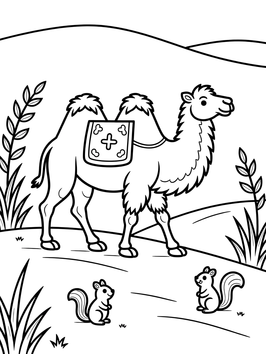 A coloring page spotlighting a shaggy two-humped Bactrian camel walking across a sandy dune in Mongolia, framed by leafy branches, tall grass, and a few playful smaller creatures nearby.