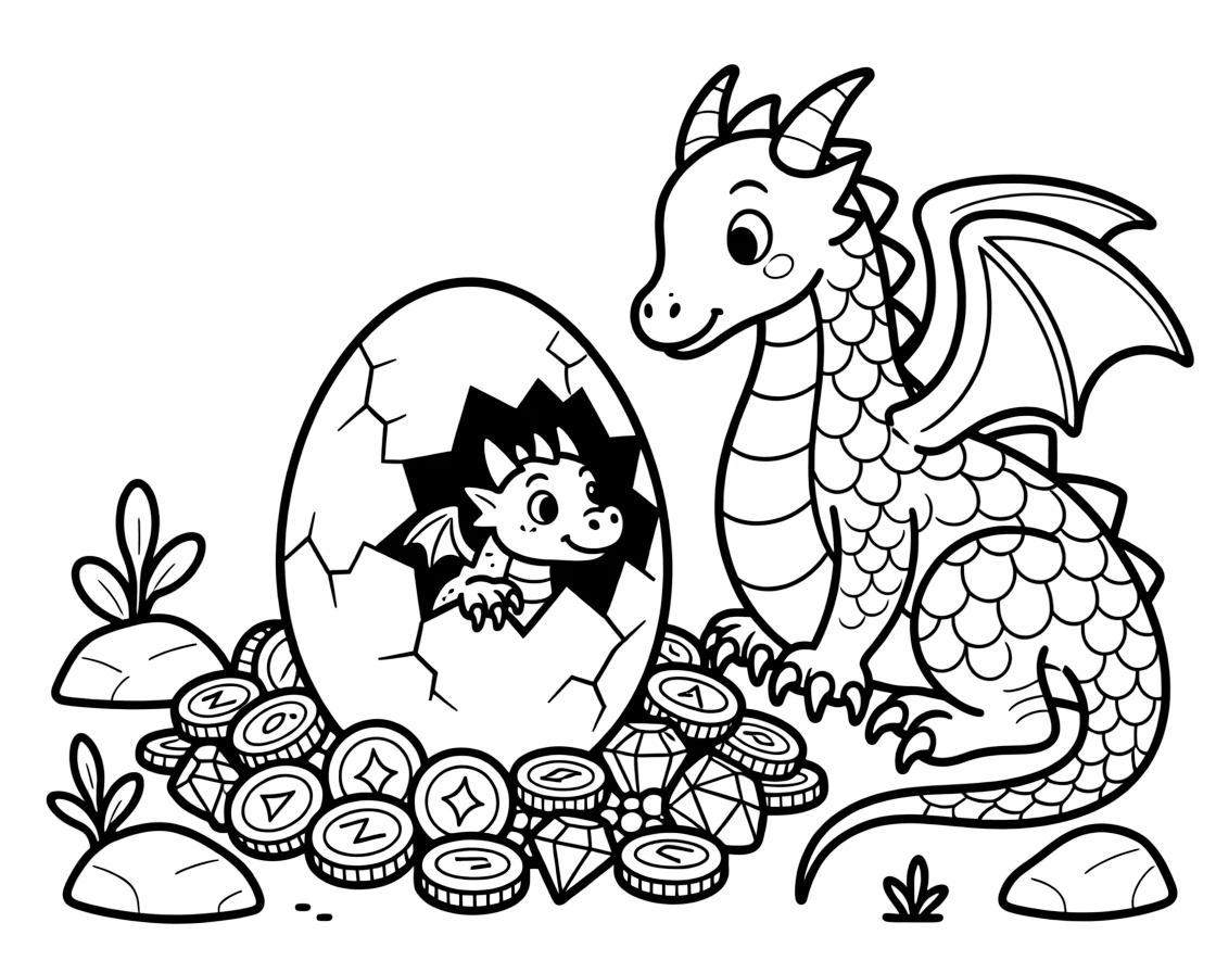 A dragon egg nestled in a treasure pile begins to crack, tiny claws poking through the shell as a mother dragon watches anxiously nearby.