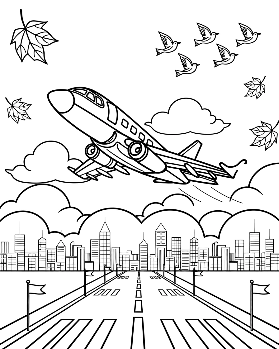 [Airplanes] a jet soaring through the clouds taking off from a runway over a sprawling city skyline, looking determined and brave, while birds fly in formation nearby fills the surrounding area. Small flags flutter from the wingtips. Set on a foggy morning, with autumn leaves swirling in the wind, the page bursts with adventure and imagination.