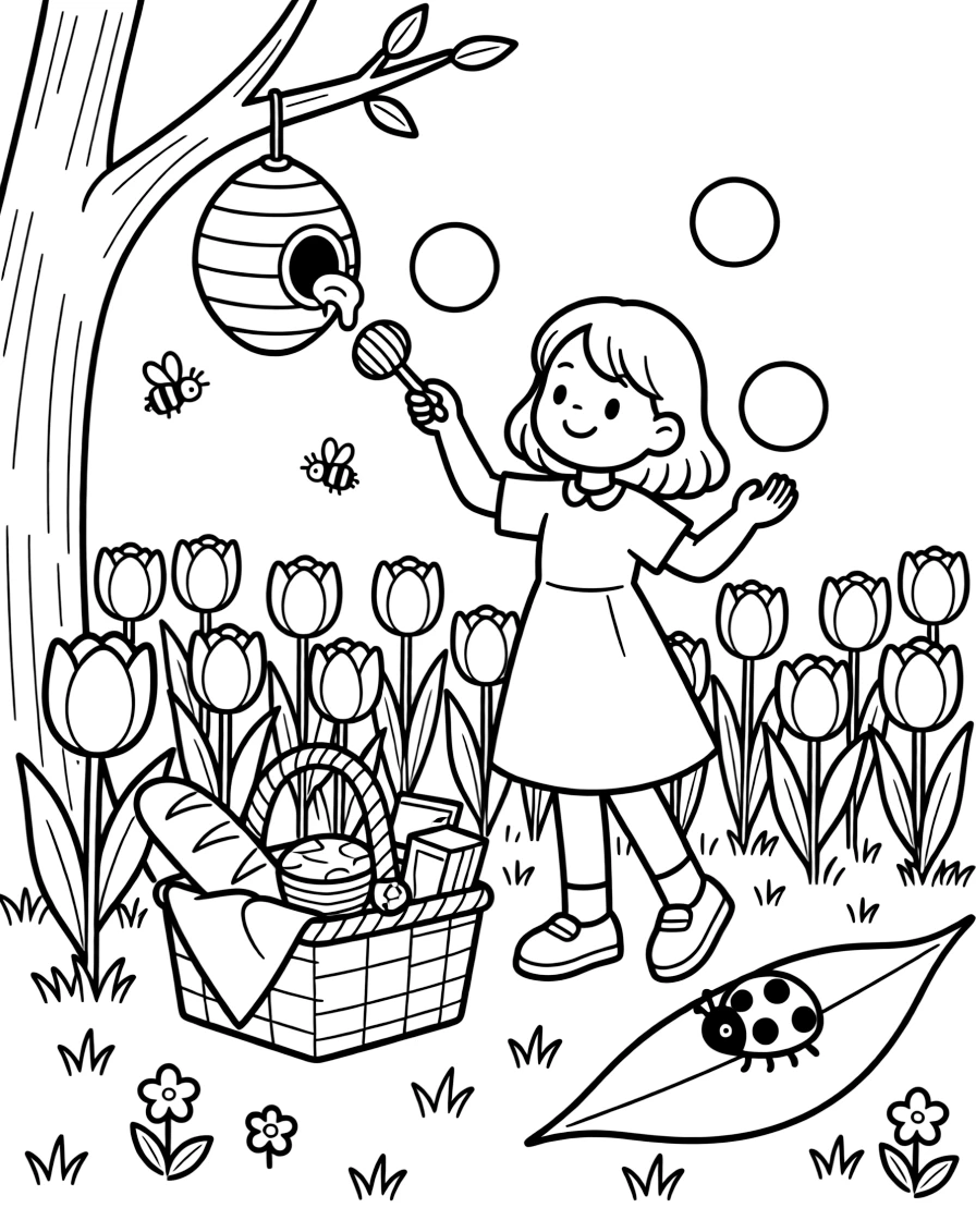 A girl juggler tossing soft colorful balls is harvesting honey from a friendly beehive in a tulip field in full bloom. Close by, a curious ladybug resting on a leaf and a picnic basket overflowing with treats give the moment a cozy feel.