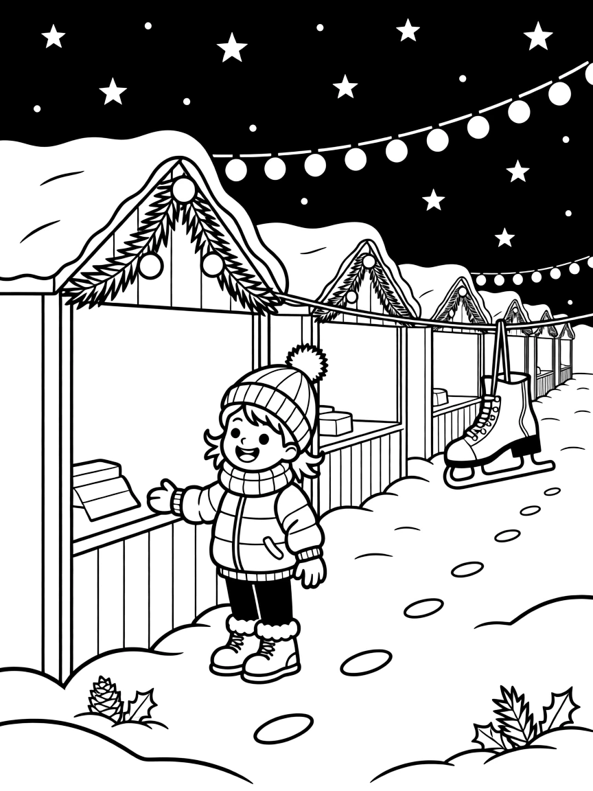 A wide view on a snowy rooftop under a starry night sky, featuring a row of wooden stalls decorated with garlands, a grinning child, and a pair of ice skates, with a string of twinkling lights nearby.