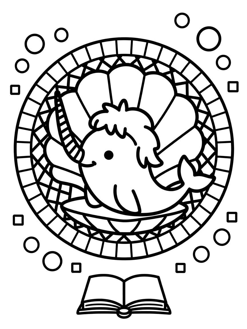 Ocean Creatures: The main subject is a narwhal with a long spiraled tusk, drawn as the focal point of a shell-spiral mandala coiling outward in smooth turns. It is centered on the page, anchoring a design that expands outward in smooth, even waves. Decorative details fill the surrounding space, including rows of small square tiles, a grid of lattice diamonds, and clusters of round bubbles woven throughout the background. A playful extra touch completes the page: a tiny open book resting at the base of the design.