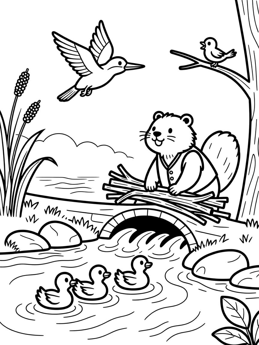 [River Adventures] A young beaver carefully stacks branches to build a cozy dam across a bubbling river. A kingfisher darts across the river as ducklings paddle in a neat row behind their mother. Reeds and cattails line the bank near a cluster of smooth stones perfect for skipping. Soft morning mist rises off the river as the first birds begin to sing.