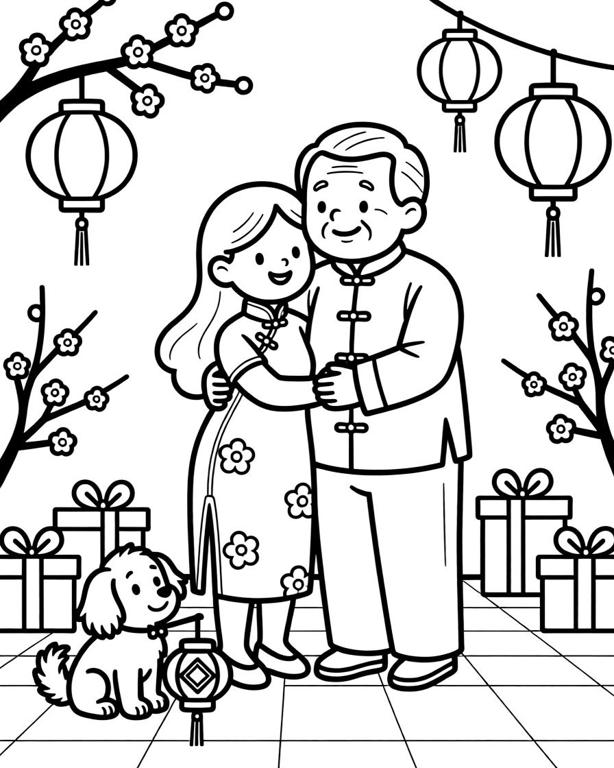 An older sister hugging a grandparent hello during a Lunar New Year celebration with a grandfather as a curious puppy watches.